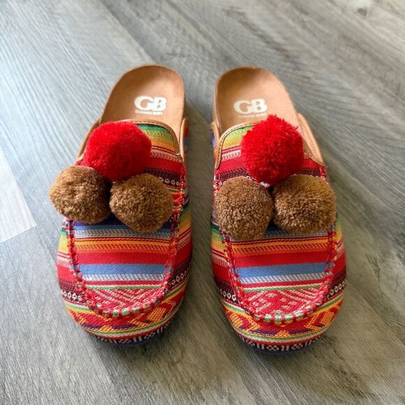Gianni Bini Slides Southwestern Pom Pom Slip On Mules Shoes - Picture 2 of 10